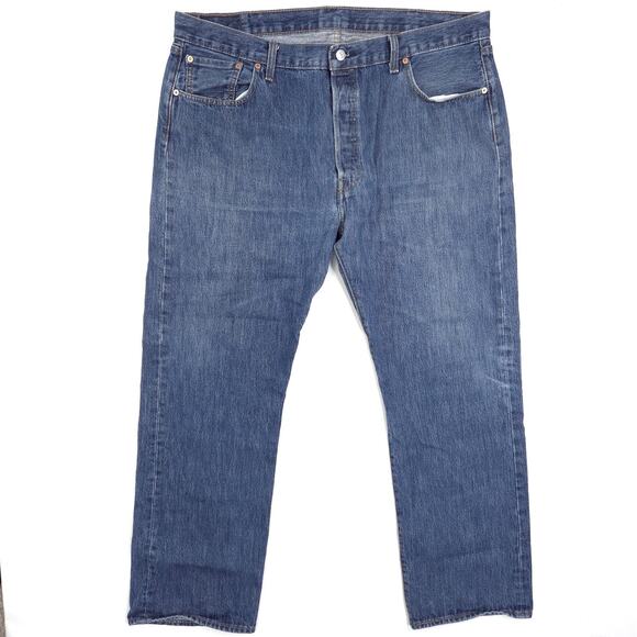 Levis 501 Jeans Mens 42x31 Dark Blue Wash Straight Leg Button Fly High Rise EUC - Picture 1 of 8